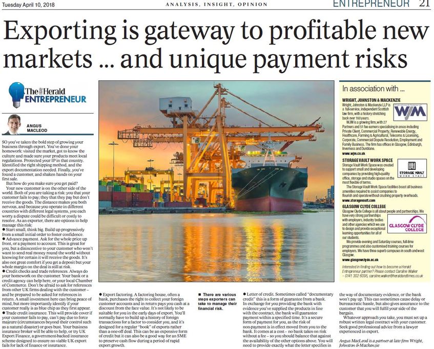 Angus Macleod Writes about Exporting and Financial Risk in The Herald